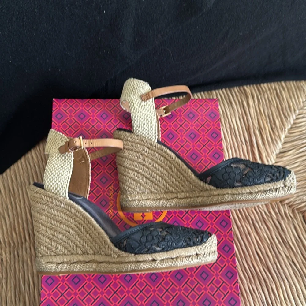 Tory Burch Womens Lucia Espadrille Wedge Sandals size 9 Navy/Black/Natural/Tan - Picture 2 of 5